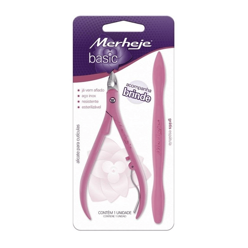 Alicate-de-Cuticula-Merheje-Basico-Rosa-com-Espatula